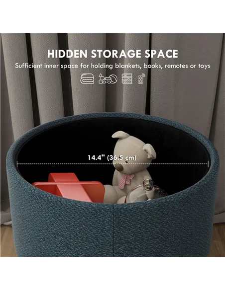 HOMCOM Round Linen-Look Storage Ottoman - Blue