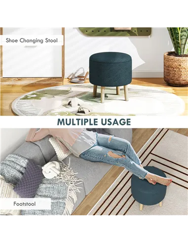 HOMCOM Round Linen-Look Storage Ottoman - Blue