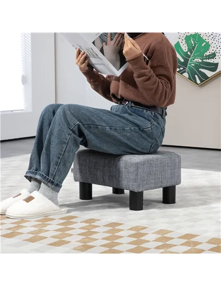 HOMCOM Linen Fabric Footstool Ottoman Cube with 4 Plastic Legs, Grey