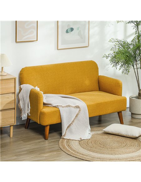HOMCOM Velvet Feel Fabric 2 Seater Sofa, Small Sofa Loveseat with 21cm Thick Padding and Wood Legs, Yellow