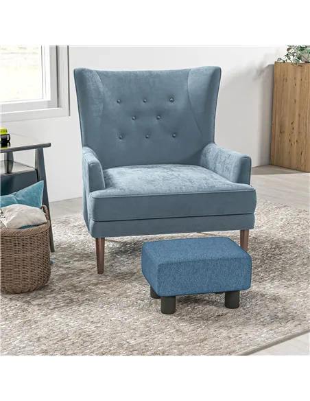 HOMCOM Linen Fabric Footstool Ottoman Cube with 4 Plastic Legs, Blue