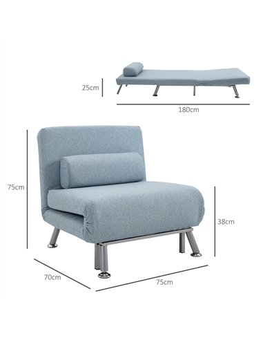 HOMCOM Linen Chair Bed, 3-in-1 Convertible Sleeper Chair with Adjustable Backrest, Pillow, for Living Room, Bedroom, Sky Blue