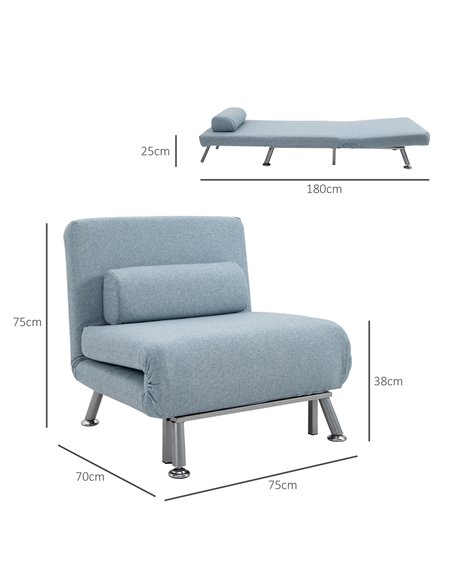 HOMCOM Linen Chair Bed, 3-in-1 Convertible Sleeper Chair with Adjustable Backrest, Pillow, for Living Room, Bedroom, Sky Blue