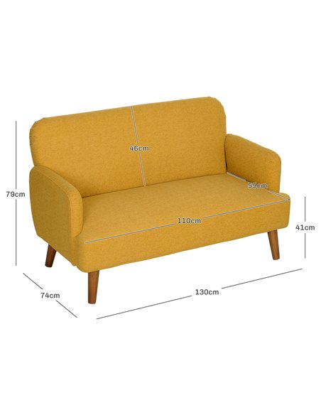 HOMCOM Velvet Feel Fabric 2 Seater Sofa, Small Sofa Loveseat with 21cm Thick Padding and Wood Legs, Yellow
