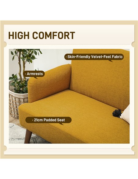 HOMCOM Velvet Feel Fabric 2 Seater Sofa, Small Sofa Loveseat with 21cm Thick Padding and Wood Legs, Yellow
