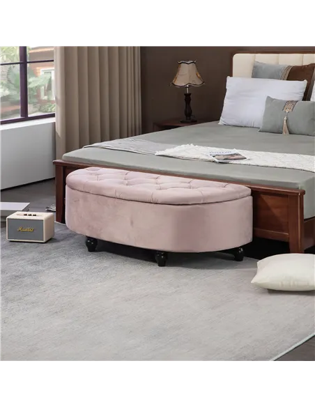 HOMCOM Semi-Circle Ottoman Storage Bench, Bed End Bench, Tufted Upholstered Window Seat Footrest Stool with Rubberwood Legs for 