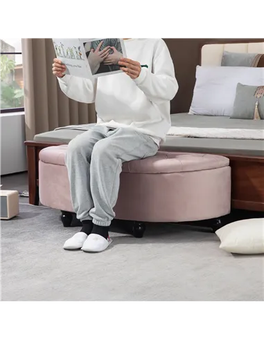 HOMCOM Semi-Circle Ottoman Storage Bench, Bed End Bench, Tufted Upholstered Window Seat Footrest Stool with Rubberwood Legs for 