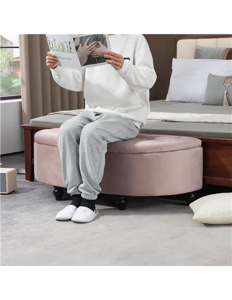 HOMCOM Semi-Circle Ottoman Storage Bench, Bed End Bench, Tufted Upholstered Window Seat Footrest Stool with Rubberwood Legs for 