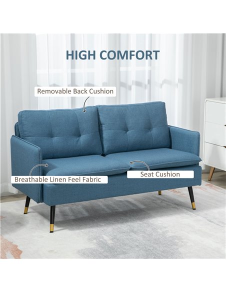 HOMCOM Modern Two Seater Sofa, Button Tufted Loveseat with Cushions and Steel Legs for Living Room, Guest Room, Dark Blue