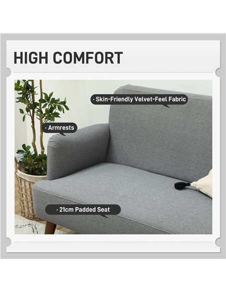 HOMCOM Velvet Feel Fabric 2 Seater Sofa, Small Sofa Loveseat with 21cm Thick Padding and Wood Legs, Grey