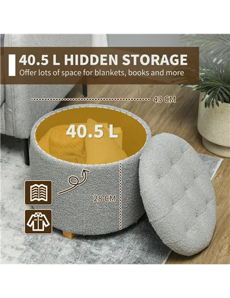 HOMCOM 40.5L Teddy Fleece Storage Ottoman - Grey