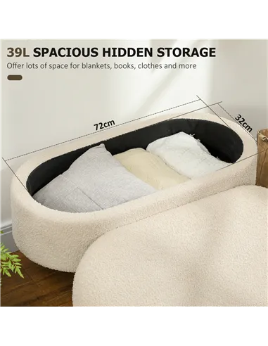 HOMCOM Teddy Fleece Storage Ottoman - Cream White