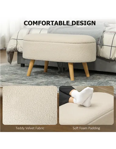 HOMCOM Teddy Fleece Storage Ottoman - Cream White