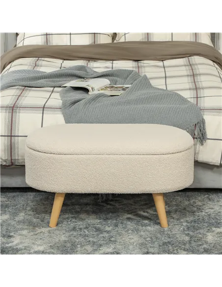 HOMCOM Teddy Fleece Storage Ottoman - Cream White