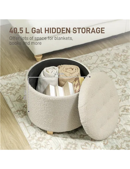 HOMCOM 40.5L Teddy Fleece Storage Ottoman - Cream White