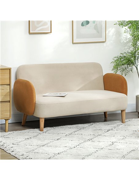 HOMCOM Two-Seater Velvet-Feel Mid Century Sofa - Cream/Orange
