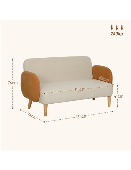 HOMCOM Two-Seater Velvet-Feel Mid Century Sofa - Cream/Orange