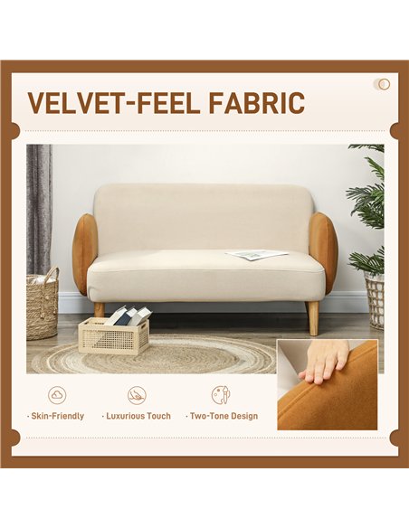 HOMCOM Two-Seater Velvet-Feel Mid Century Sofa - Cream/Orange