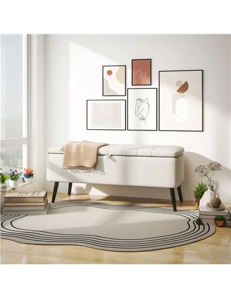 HOMCOM Linen-Look 92 x 31cm Storage Ottoman - Cream White