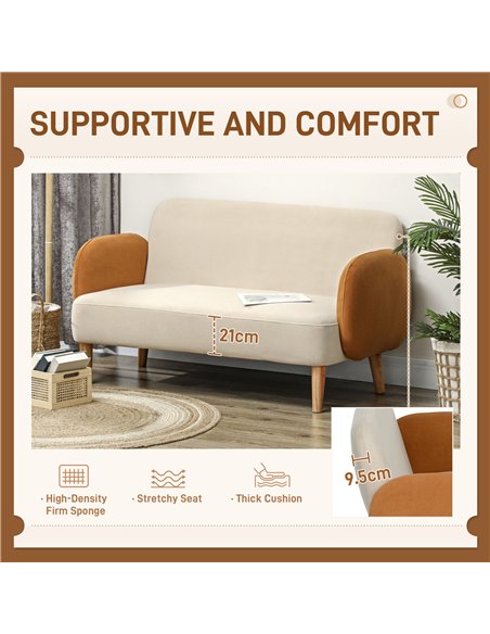 HOMCOM Two-Seater Velvet-Feel Mid Century Sofa - Cream/Orange