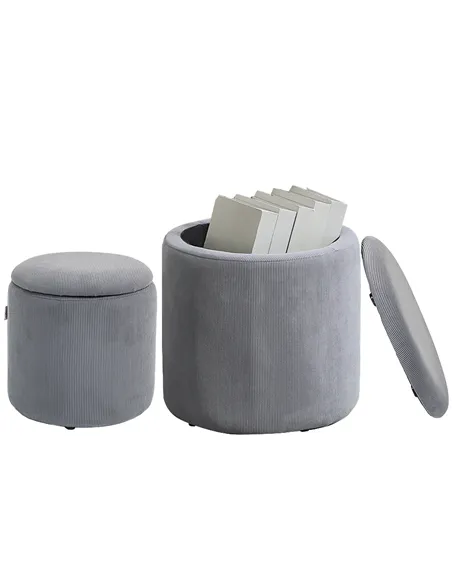 HOMCOM Set of Two Corduroy Storage Ottomans - Grey