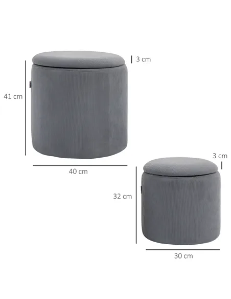 HOMCOM Set of Two Corduroy Storage Ottomans - Grey