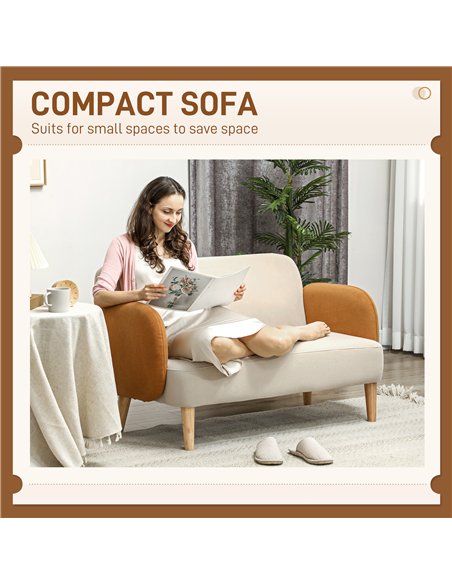 HOMCOM Two-Seater Velvet-Feel Mid Century Sofa - Cream/Orange