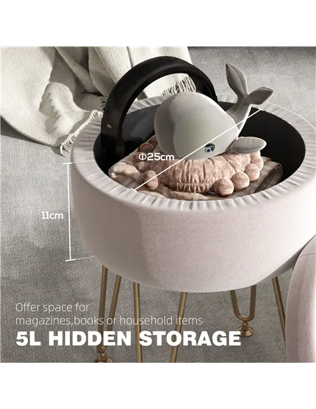 HOMCOM 5L Velvet-Feel Storage Ottoman - Light Pink