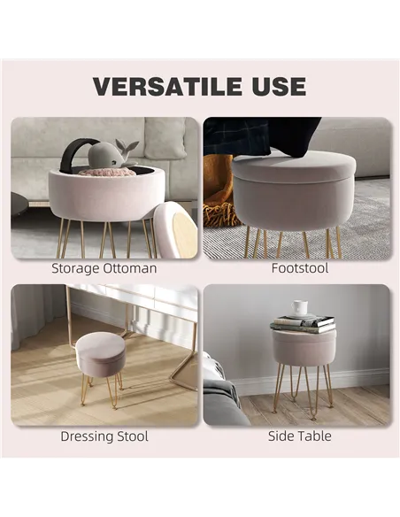 HOMCOM 5L Velvet-Feel Storage Ottoman - Light Pink