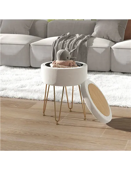 HOMCOM 5L Velvet-Feel Storage Ottoman - Cream White