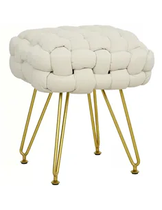 HOMCOM Velvet-Feel Bold Woven Footstool - Cream White