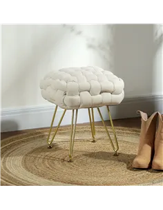 HOMCOM Velvet-Feel Bold Woven Footstool - Cream White 2