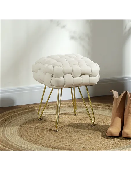 HOMCOM Velvet-Feel Bold Woven Footstool - Cream White