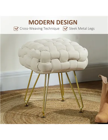 HOMCOM Velvet-Feel Bold Woven Footstool - Cream White