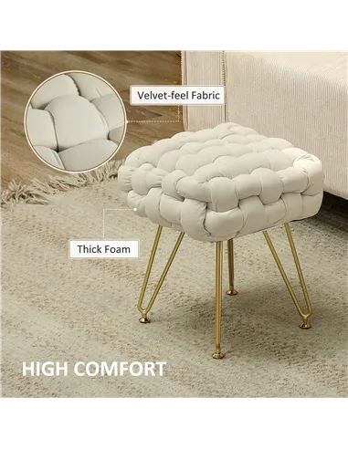 HOMCOM Velvet-Feel Bold Woven Footstool - Cream White
