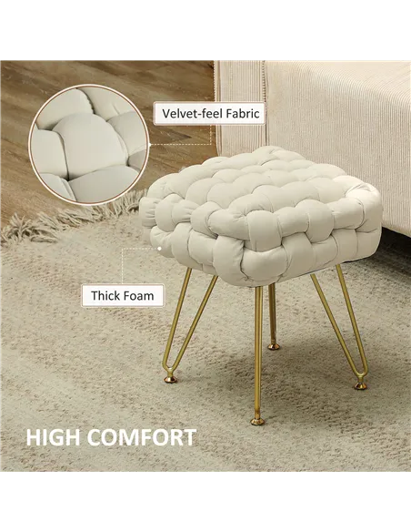 HOMCOM Velvet-Feel Bold Woven Footstool - Cream White