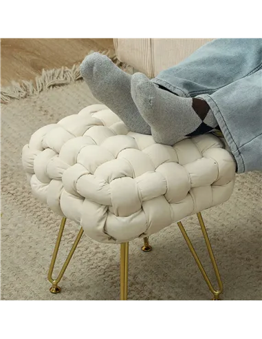 HOMCOM Velvet-Feel Bold Woven Footstool - Cream White