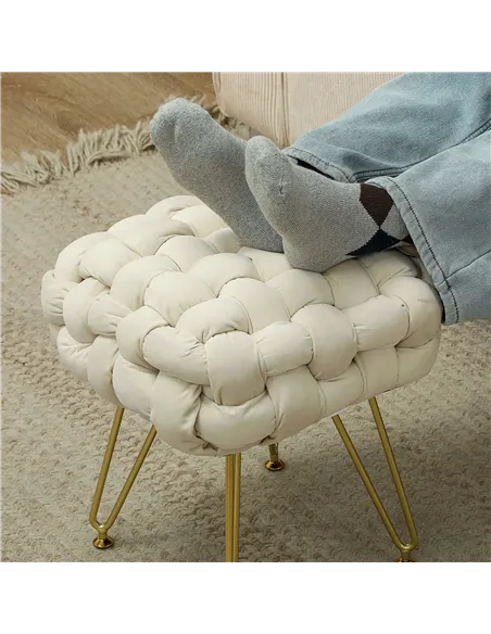 HOMCOM Velvet-Feel Bold Woven Footstool - Cream White