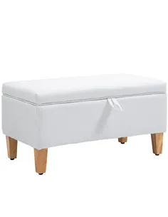 HOMCOM 30L Linen Storage Ottoman Padded Footstool with Rubberwood Legs for Storage Box, Bed End, Shoe Bench, Seating, Cream Whit