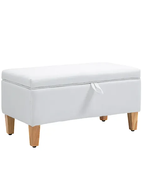 HOMCOM 30L Linen Storage Ottoman Padded Footstool with Rubberwood Legs for Storage Box, Bed End, Shoe Bench, Seating, Cream Whit