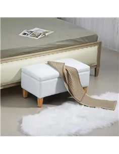 HOMCOM 30L Linen Storage Ottoman Padded Footstool with Rubberwood Legs for Storage Box, Bed End, Shoe Bench, Seating, Cream Whit 2