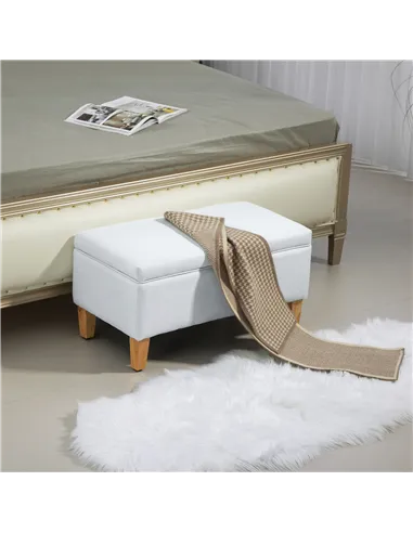 HOMCOM 30L Linen Storage Ottoman Padded Footstool with Rubberwood Legs for Storage Box, Bed End, Shoe Bench, Seating, Cream Whit