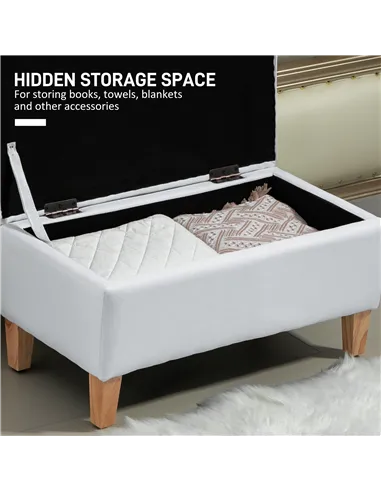HOMCOM 30L Linen Storage Ottoman Padded Footstool with Rubberwood Legs for Storage Box, Bed End, Shoe Bench, Seating, Cream Whit
