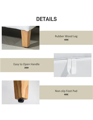 HOMCOM 30L Linen Storage Ottoman Padded Footstool with Rubberwood Legs for Storage Box, Bed End, Shoe Bench, Seating, Cream Whit