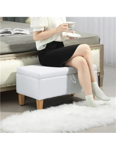 HOMCOM 30L Linen Storage Ottoman Padded Footstool with Rubberwood Legs for Storage Box, Bed End, Shoe Bench, Seating, Cream Whit