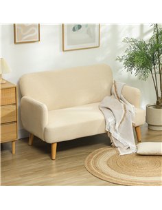 HOMCOM Velvet Feel Fabric 2 Seater Sofa, Small Sofa Loveseat with 21cm Thick Padding and Wood Legs, Cream White 2