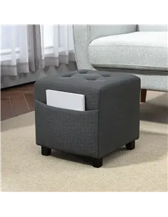 HOMCOM Square Footstool, Small Ottoman with Side Pocket, Linen Fabric Footrest Foot Stool with Rubber Wood Legs and Padded Seat  2
