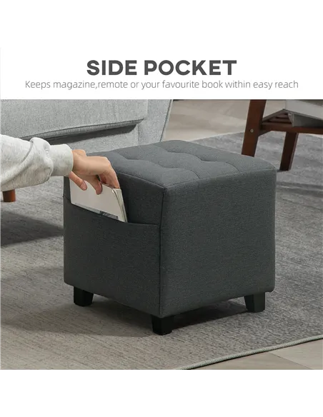 HOMCOM Square Footstool, Small Ottoman with Side Pocket, Linen Fabric Footrest Foot Stool with Rubber Wood Legs and Padded Seat 