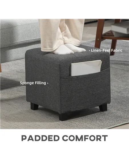 HOMCOM Square Footstool, Small Ottoman with Side Pocket, Linen Fabric Footrest Foot Stool with Rubber Wood Legs and Padded Seat 