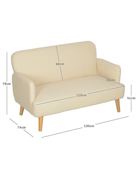 HOMCOM Velvet Feel Fabric 2 Seater Sofa, Small Sofa Loveseat with 21cm Thick Padding and Wood Legs, Cream White